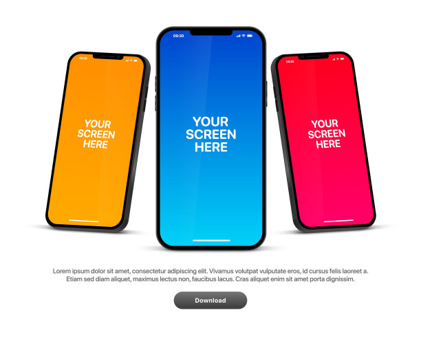 3d高质量矢量智能手机模型。超逼真的移动设备UI UX模型演示模板。不同角度的3d等距电话。可填充场的手机框架。图片下载