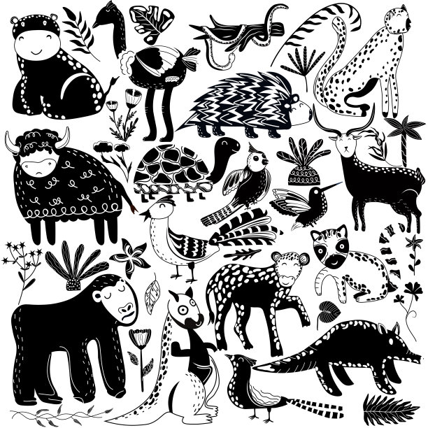 黑色和白色的丛林动物和奇异的热带树叶。非洲动物，鹦鹉，豹子，野牛，乌龟，鬣狗，鸵鸟，河马和棕榈树。可爱的动物狩猎。矢量插图。图片下载