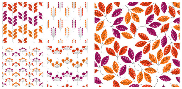时尚的卡通秋叶无缝向量模式集，无尽的壁纸或纺织品样本与树花，红色秋天生活主题图像集合。图片下载