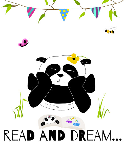 可爱和有趣的熊猫正在做梦和阅读卡片。涂鸦手绘风格。图片下载