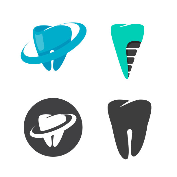 牙标志图标向量和牙科种植诊所标志，牙科保健和修复体设置，臼齿轮廓黑白象形孤立白色，口腔医学标志现代设计图片下载