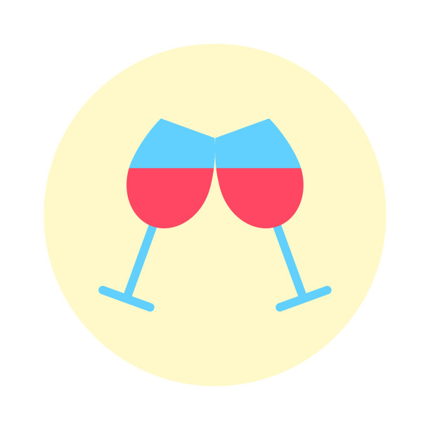 两个红酒杯在黄色圆圈图标孤立在白色背景上。摘要干杯饮料标志或标志为酒吧餐厅设计。含酒精的饮料的象征。政党对象向量插图。图片下载