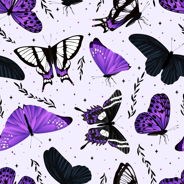 无缝矢量图案飞行的蝴蝶紫色的颜色。图片下载