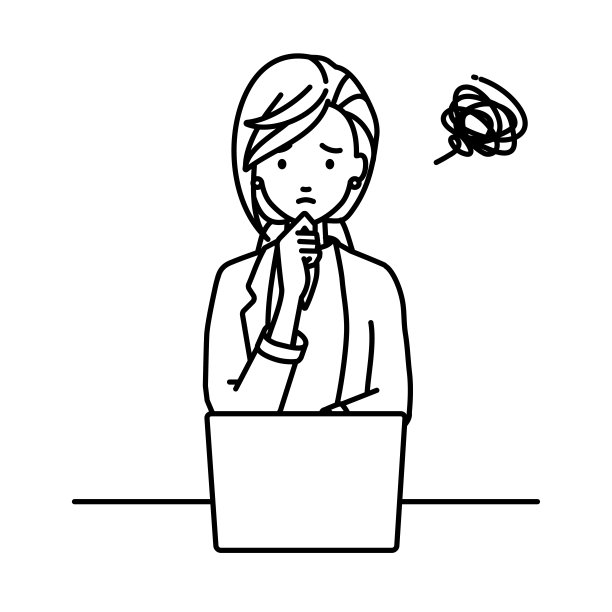 一名穿着工作服的女性在使用笔记本电脑时，手指碰到了下巴的问题图片下载