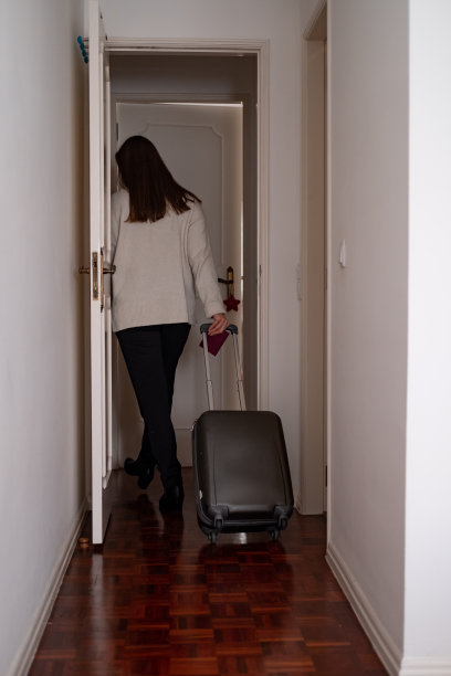 女士拿着手提箱和护照离开房间图片下载