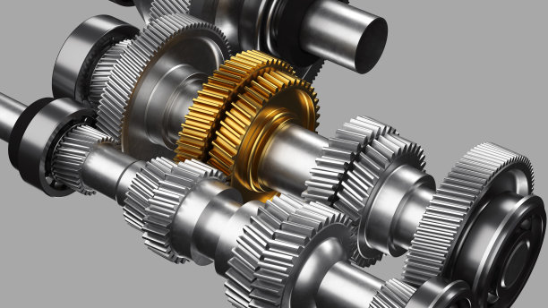 汽车变速箱三维，齿轮传动。钢和黄金齿轮的轴，孤立在背景上。图片下载