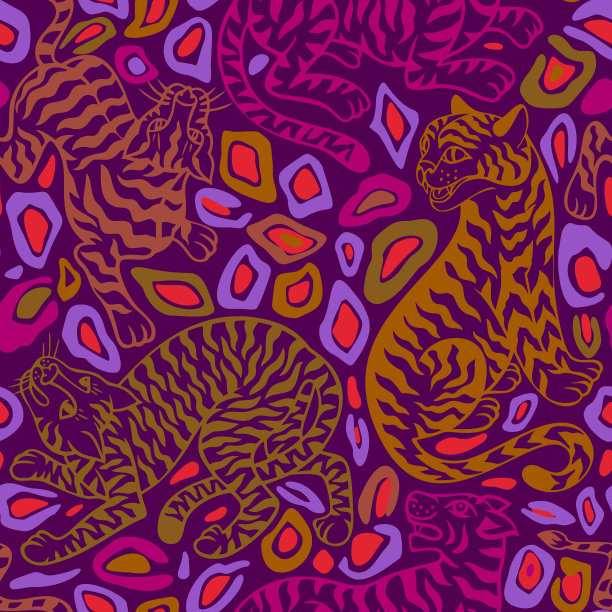 热带无缝模式。带有抽象几何点状纹理的丛林捕食者。猎豹、豹子、黑豹、野猫的剪影。丛林动物的背景。图片下载
