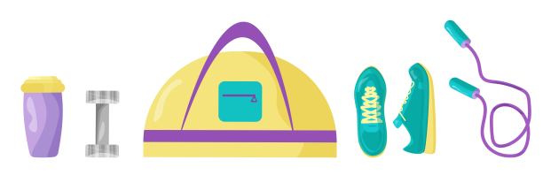 一套矢量运动器材健身，瑜伽，普拉提。收集运动项目哑铃，跳绳，包，运动鞋，水瓶，跳绳突出在一个白色的背景。图片下载