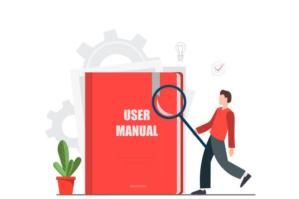 一个小人站在放大镜旁的用户手册，规范用户指南文件，平面矢量插图图片下载
