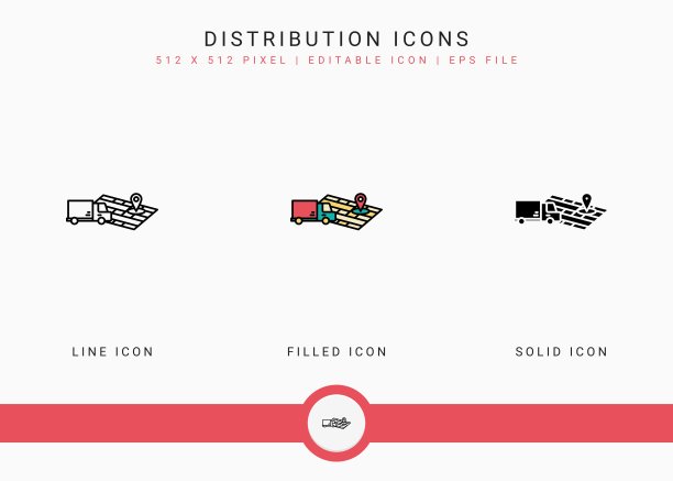 分布图标设置矢量插图与实线图标风格。物流配送的概念。图片下载
