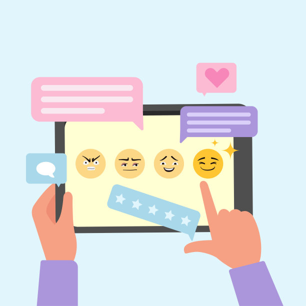 手持笔记本电脑并以笑脸表情显示反馈进行满意度调查，客户体验理念。人物角色矢量设计。图片下载