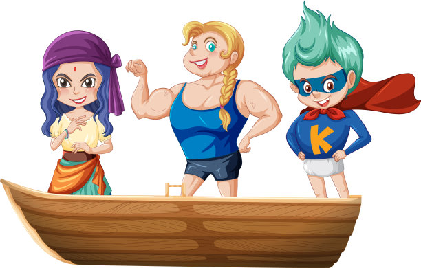 男孩和女孩站在白色背景的小船上图片下载