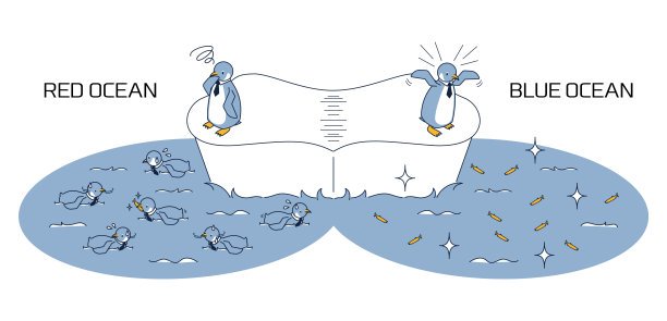 这幅等距图描绘的是一只企鹅在犹豫是要潜入红海还是蓝海去捕捉食物图片下载