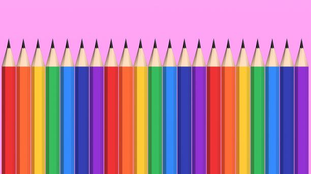 3 d渲染。一排彩虹色的铅笔在粉红色的背景上图片下载