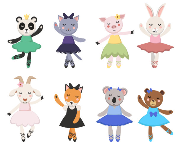 可爱的漫画动物在裙子跳舞矢量插图集图片下载