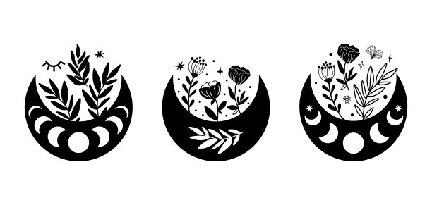 月相花设。花卉月亮收藏。矢月斋月花卉图形元素。天体波西米亚绘画插图图片下载