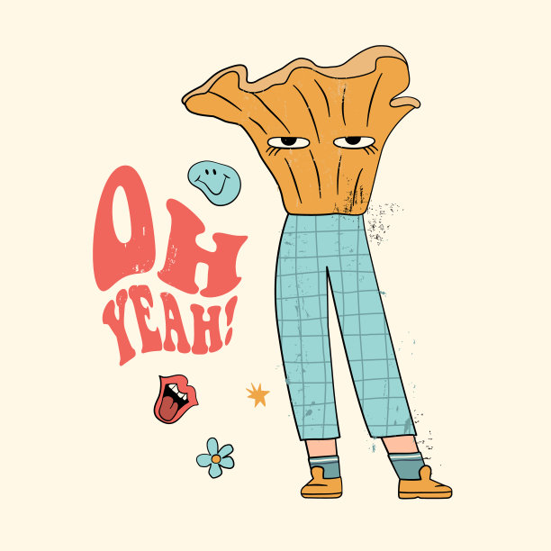 哦，是的，带有迷幻蘑菇、花朵和其他复古元素的标语。70年代的Groovy主题手绘风格。嬉皮插图的女孩t恤，t恤和贴纸，海报设计图片下载