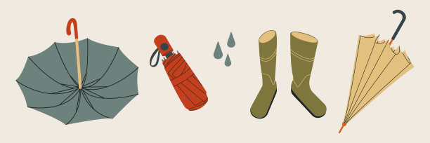 设置不同的雨伞在不同的位置和橡胶靴。矢量插图。图片下载