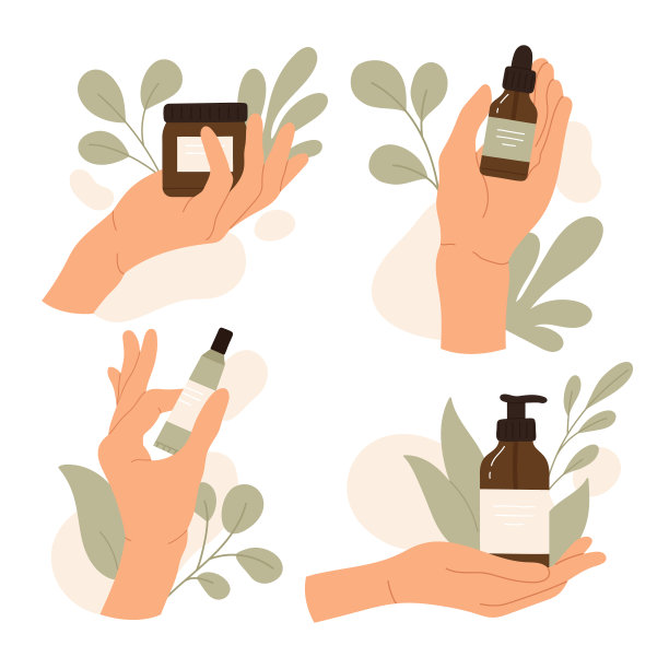 女人的手握着天然有机化妆品与叶子集。生态美容产品在瓶装环保包装。皮肤护理常规收集。矢量插图。白色背景隔离图片下载