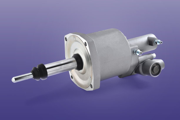 制动主缸，气动液压助力汽车制动，卡车制动系统细节，蓝色背景图片下载