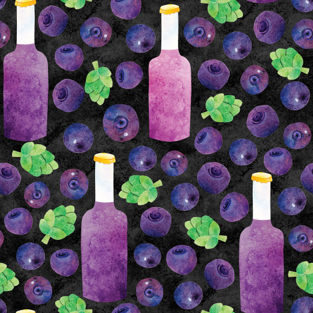 手绘水彩剪纸蓝莓果工艺啤酒无缝图案。浆果，瓶子和啤酒花甜筒可爱可爱的童心风格背景。适用于卡片、壁纸或纺织品。图片下载