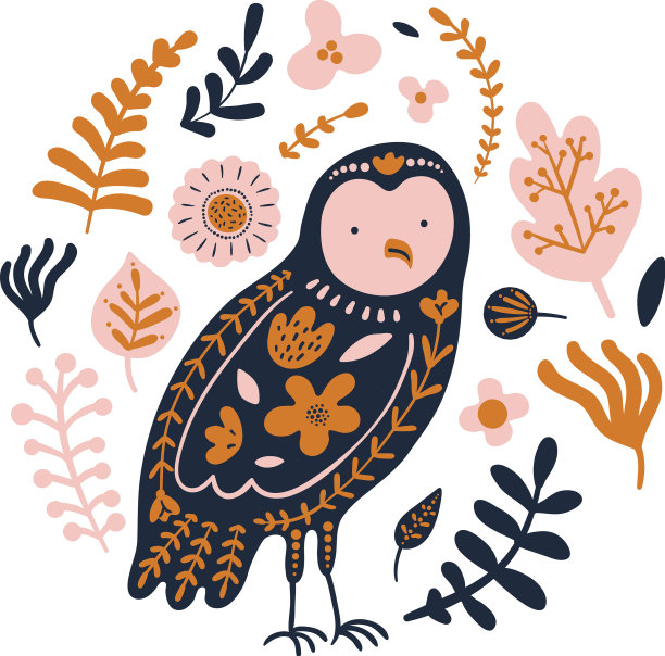 猫头鹰印花与花卉装饰在民族幻想图片下载