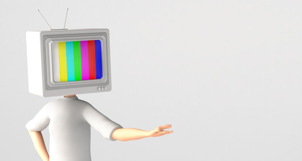一个人有一台旧电视，而不是一个伸出手的脑袋。对大众传播媒介的控制和操纵。电视观众。3 d演示。副本的空间。图片下载