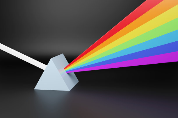 一束光击中棱镜并散射成光谱的一种抽象表示。3 d演示。图片下载