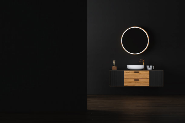 深色浴室内饰镶木地板，黑色橱柜和椭圆形镜子，正面。图片下载
