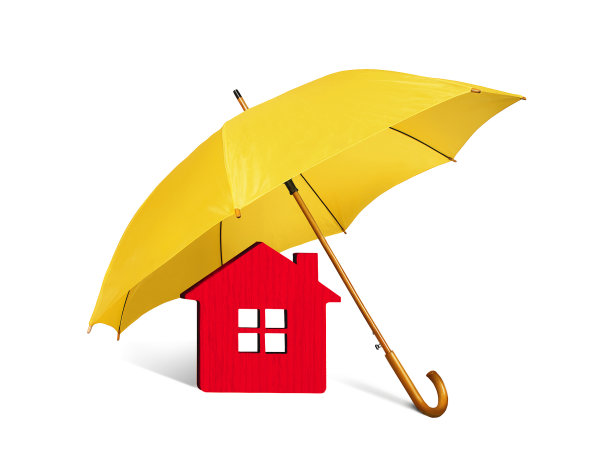 白色背景的黄色伞盖着的房子图片下载