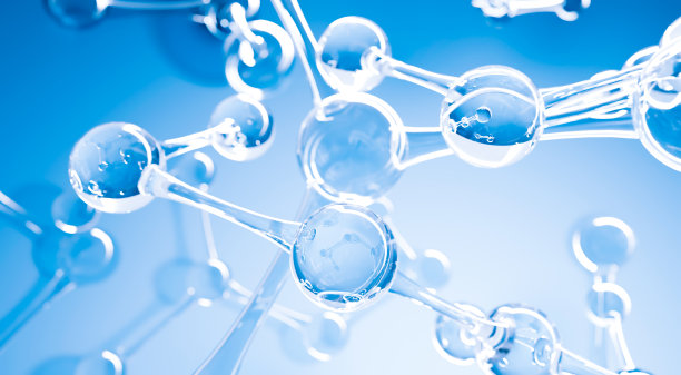抽象水分子设计：化学科学banner或宣传单的DNA背景3D渲染图片下载