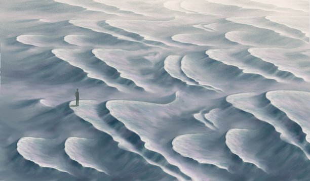 超现实风景中的孤独人。艺术的观念迷失了孤独与孤独的方式。绘画插图，概念艺术品。神秘的风景。沙漠。图片下载
