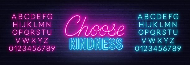 在砖墙背景上选择仁慈霓虹灯。图片下载