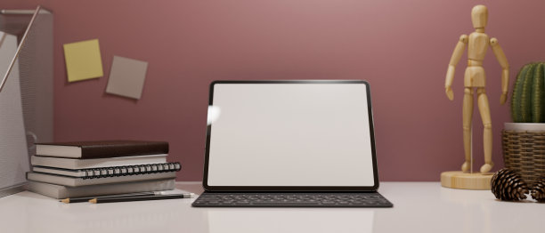 现代时尚的工作空间办公桌与便携式平板电脑模型图片下载