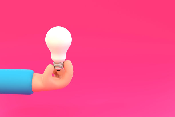 紫色背景上的卡通手握灯泡。思考，好点子和商业成功的创意理念图片下载