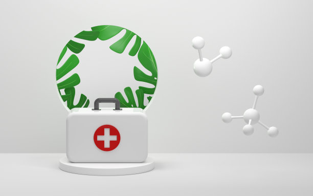 白色房间里的医疗包和分子，3d渲染。图片下载
