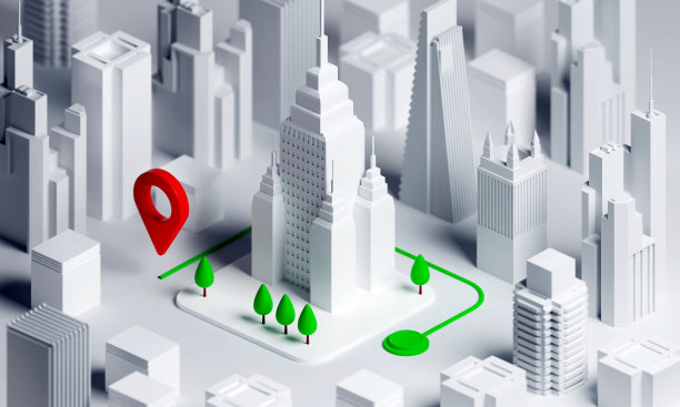 现代城市模板3D渲染插图与城市交通线路和GPS图标指标。图片下载