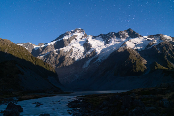 以白雪覆盖的山脉为背景的胡克山谷轨迹。图片下载