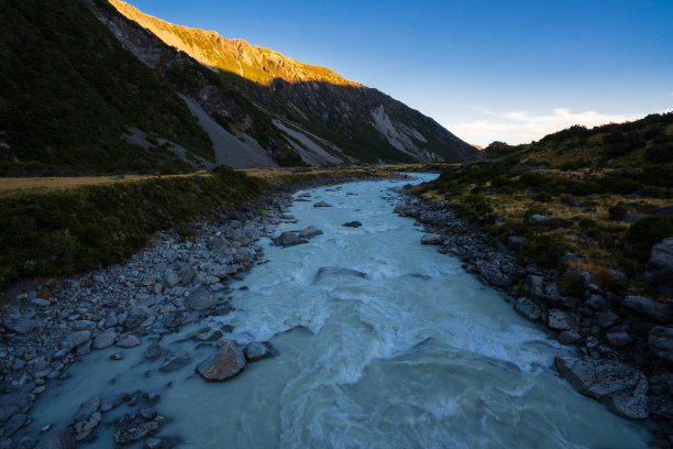 多山背景与水流前缘。图片下载