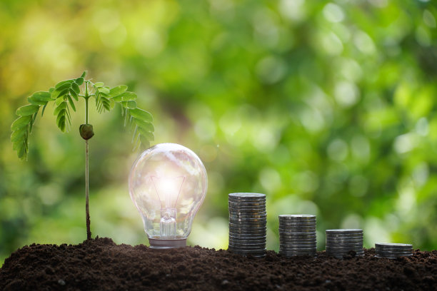 灯泡与硬币堆叠增加业务增长。企业可持续发展的财务理念。图片下载