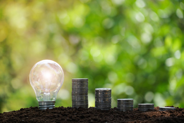 灯泡与硬币堆叠增加业务增长。企业可持续发展的财务理念。图片下载
