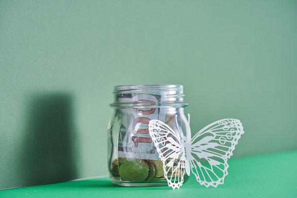 保存罐和艺术和工艺剪纸蝴蝶在绿色的背景图片下载