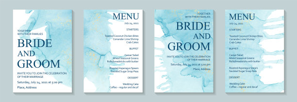 水彩背景与抽象的蓝色墨水污点和金色飞溅。图片下载