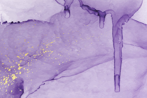 水彩背景与抽象的紫色墨波和金色飞溅。图片下载