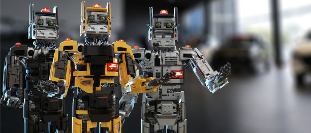 猫机器人为工业4.0 3d渲染给人们通信控制制造连接在工厂自动化在汽车经销商自动化未来未来猫玩具智能3d渲染图片下载