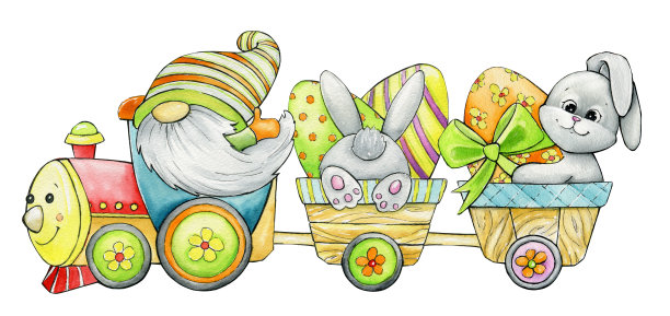 侏儒，火车，复活节彩蛋，兔子。水彩剪纸，在一个孤立的背景，为复活节假期。图片下载