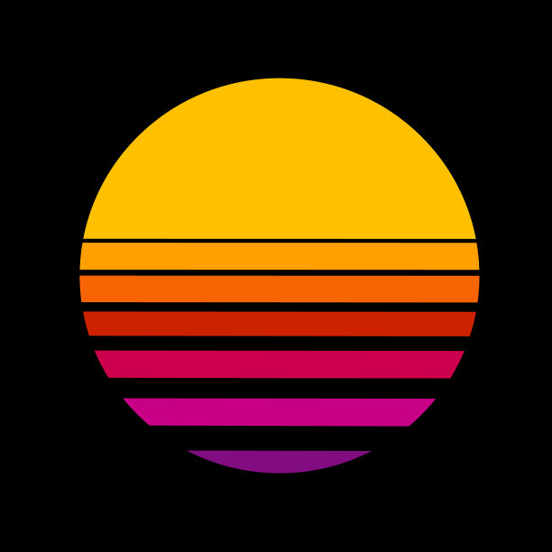 复古日落或日出圆形渐变霓虹灯颜色。复古风格的日落场景。卡通或朋克风格的场景。90年代海报电子太阳空间复古图片下载