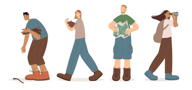快乐的徒步旅行者在不同的姿势向量设置在野外徒步旅行。在白色背景上孤立的扁平风格的角色概念图片下载