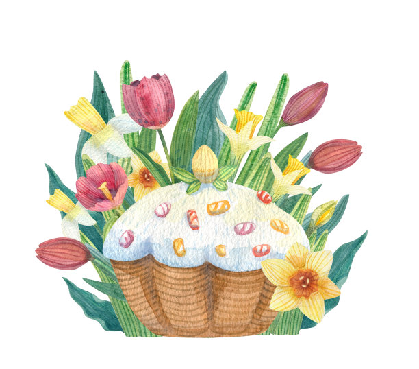 印有春天花朵的复活节蛋糕。图片下载