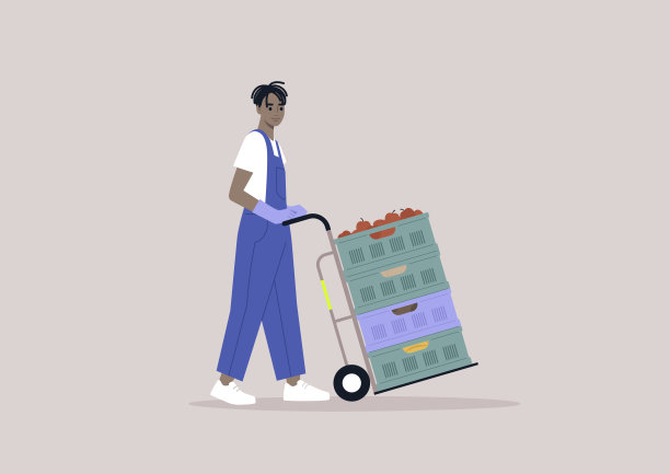 一个穿着牛仔布工作服的年轻角色推着一辆装满蔬菜和水果的货箱的货车图片下载